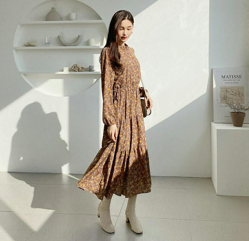 【新作10%OFF】ドロスト花柄ワンピース・全2色・b61039 レディース【ops】【韓国 ファッション ワンピース ロングワ