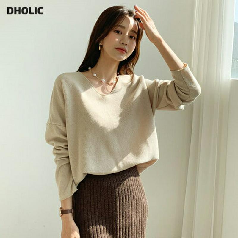 ルーズUネックTシャツ・全4色・t61022 レディース【tops】【韓国 ファッション トップス Tシャツ ロングスリーブ 長袖 シンプル 単色 無地 カジュアル ベーシック ゆったり ルーズ Uネック 鎖骨 デコルテ ラフ 秋 冬】
