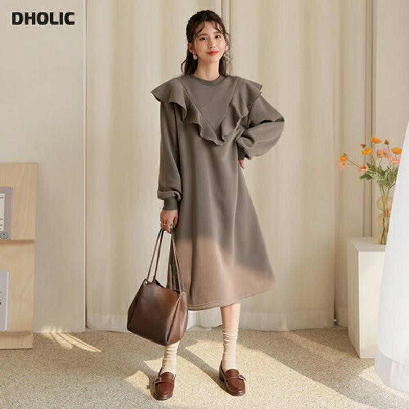 裏起毛ラッフルワンピース・全3色・t64418 レディース 【ops】【韓国 ファッション ワンピース ロング Hライン 襟 カ