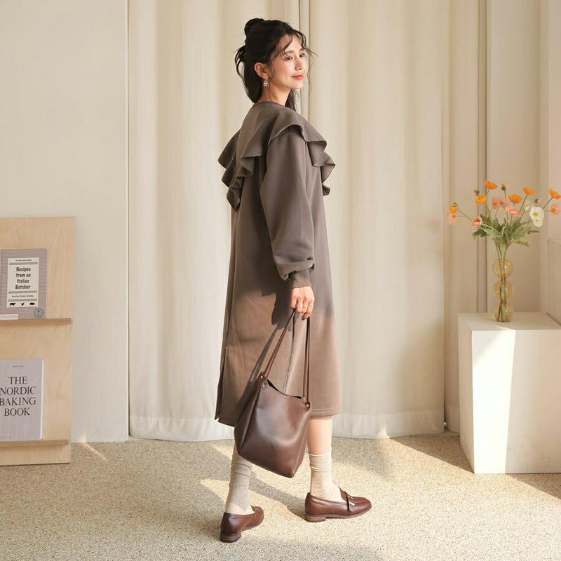 裏起毛ラッフルワンピース・全3色・t64418 レディース 【ops】【韓国 ファッション ワンピース ロング Hライン 襟 カ