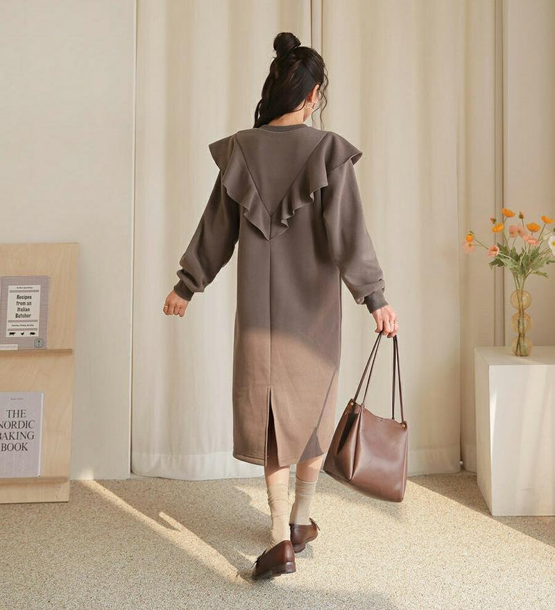 裏起毛ラッフルワンピース・全3色・t64418 レディース 【ops】【韓国 ファッション ワンピース ロング Hライン 襟 カ