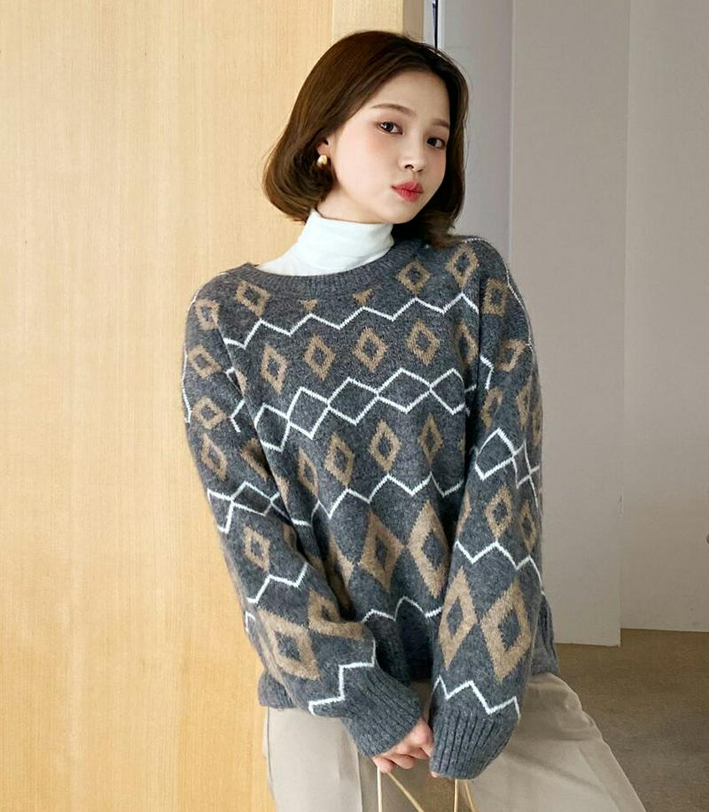 【新作10%OFF】ダイヤパターンニット・全3色・t61759 レディース【tops】【韓国 ファッション トップス ニット ニ