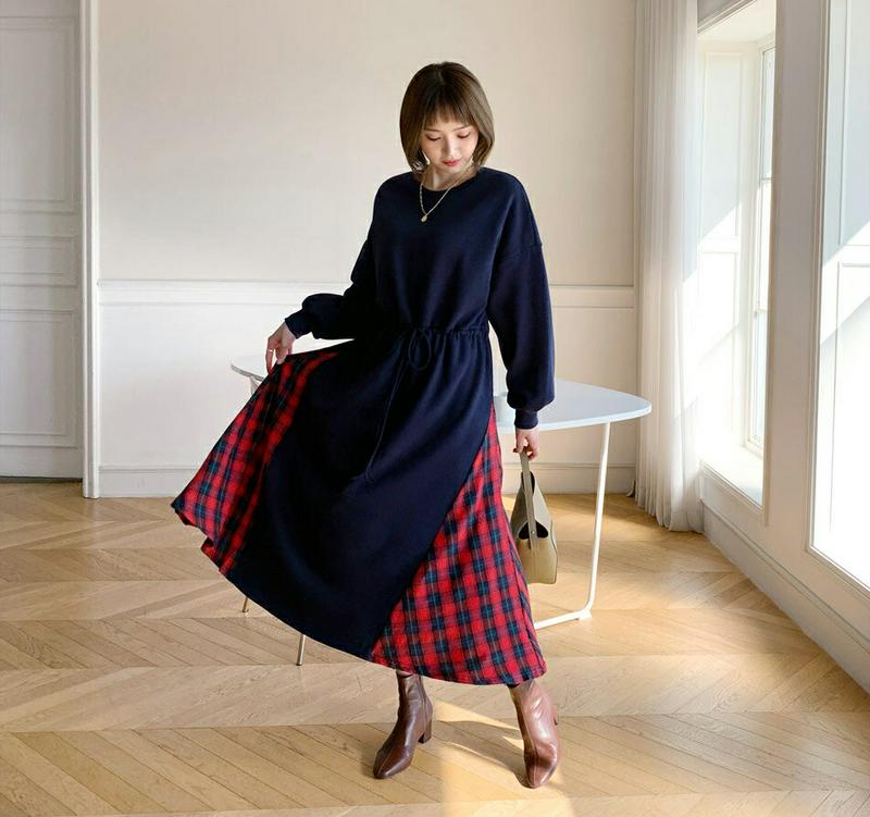 【新作10%OFF】裏起毛サイドチェックワンピース・全2色・b56220 レディース【ops】【韓国 ファッション ワンピース 