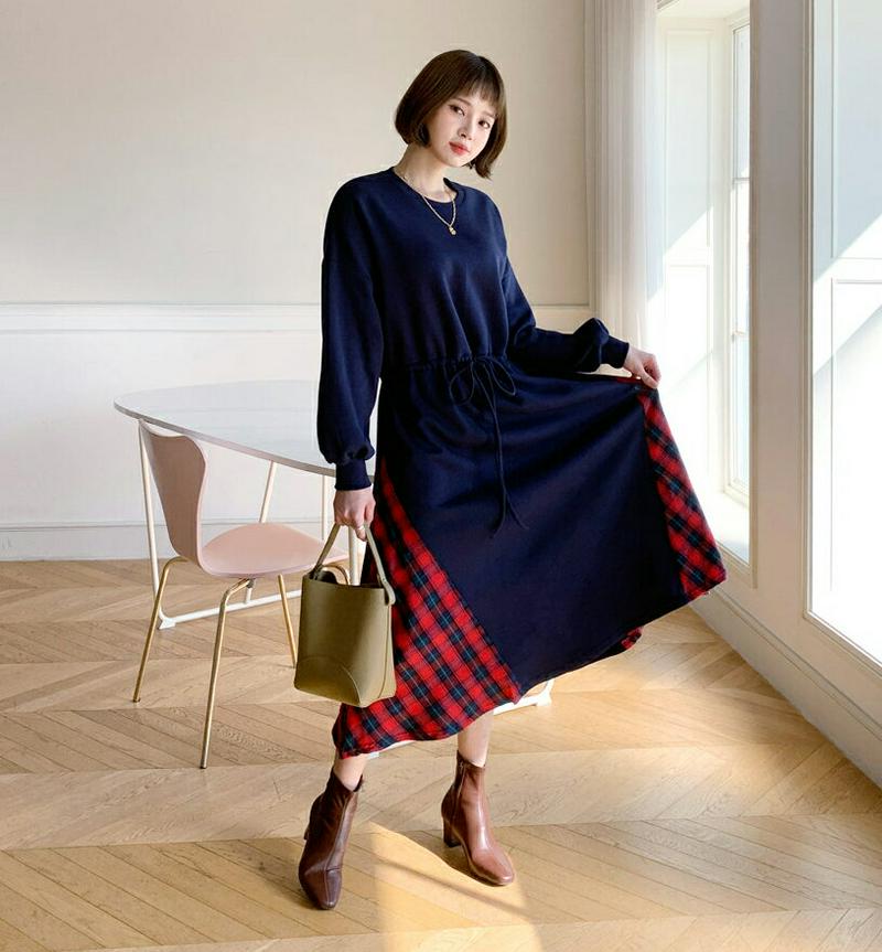 【新作10%OFF】裏起毛サイドチェックワンピース・全2色・b56220 レディース【ops】【韓国 ファッション ワンピース 