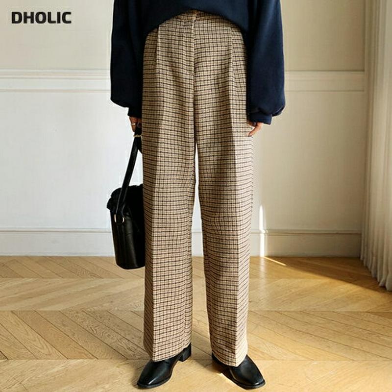 ハウンドトゥースパンツ・全2色・t56247 レディース【pt】 韓国ファッション ボトムス ズボン パンツ ロング丈 ロングパンツ ワイドパンツ ハウンドトゥース ハイウエスト タック シンプル カジュアル シック 大人 上品 秋 冬