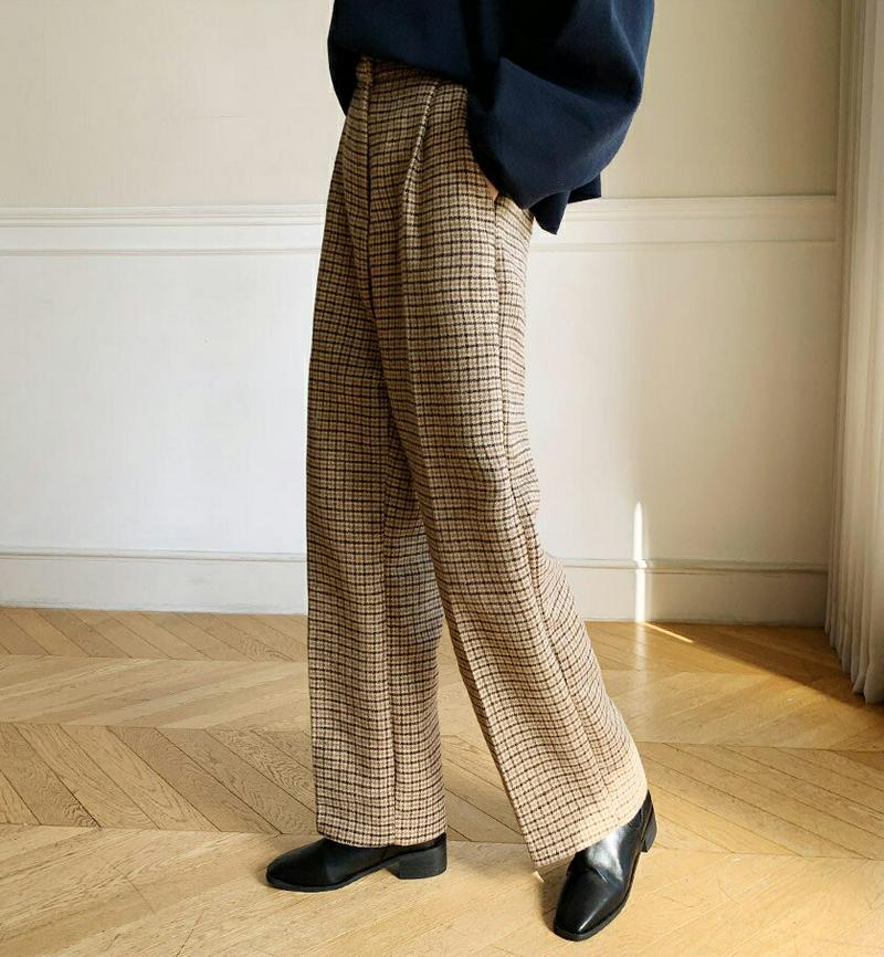 ハウンドトゥースパンツ・全2色・t56247 レディース【pt】 韓国ファッション ボトムス ズボン パンツ ロング丈 ロングパンツ ワイドパンツ ハウンドトゥース ハイウエスト タック シンプル カジュアル シック 大人 上品 秋 冬