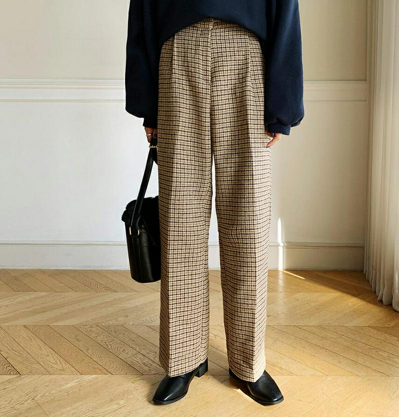 ハウンドトゥースパンツ・全2色・t56247 レディース【pt】 韓国ファッション ボトムス ズボン パンツ ロング丈 ロングパンツ ワイドパンツ ハウンドトゥース ハイウエスト タック シンプル カジュアル シック 大人 上品 秋 冬