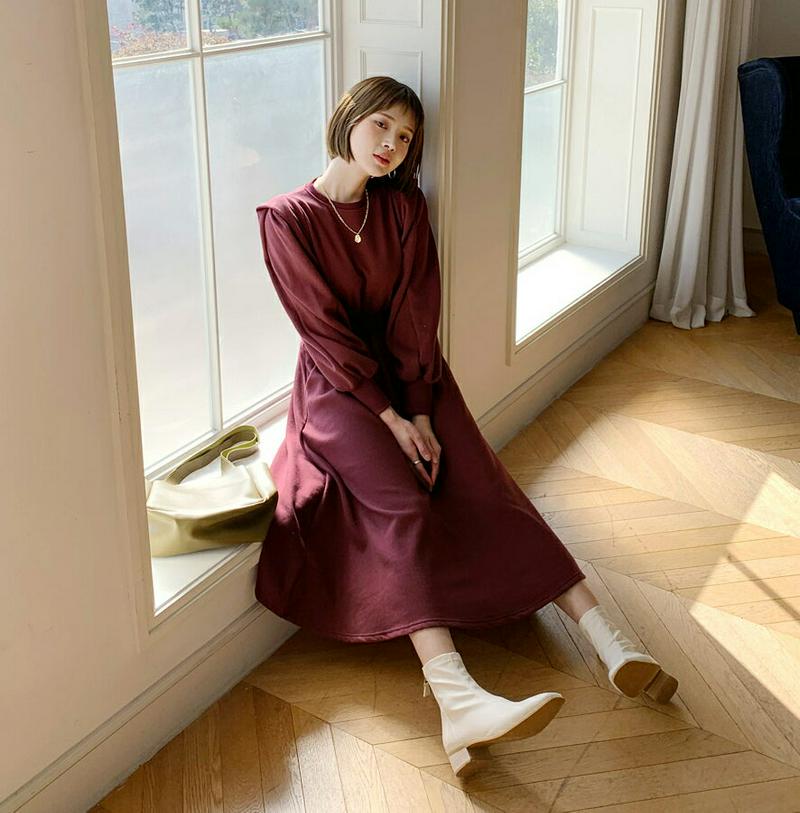 裏起毛スリーブフリルワンピース・全3色・b56219 レディース【ops】【韓国 ファッション ワンピース ロングワンピース パフスリーブ 長袖 ボリューム袖 ラウンドネック 裏起毛 ウエストゴム ルーズ シンプル カジュアル 単色 無地 ラフ 秋 冬】