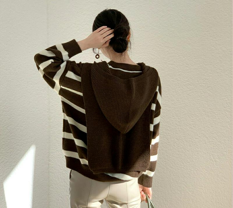 【新作10%OFF】フードショール付ボーダーニット・全2色・b65053 レディース【tops】【韓国 ファッション トップス 