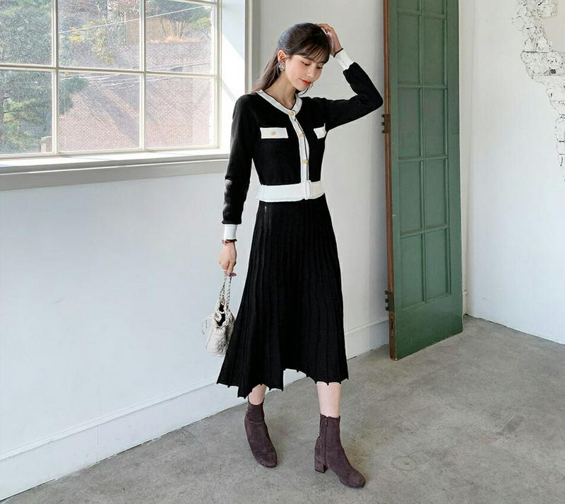 【新作10%OFF】ベルト付ボタン配色ワンピース・全2色・b56222 レディース【ops】【韓国 ファッション ワンピース ロ