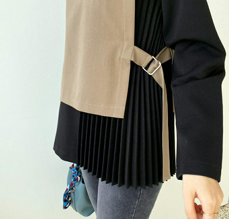 【新作10%OFF】配色サイドプリーツブラウス・全2色・b65039 レディース【bl】【韓国 ファッション トップス ブラウス