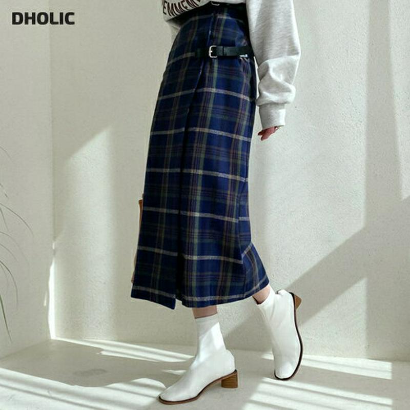 バックルラップチェックスカート・全2色・t64441 レディース【sk】【韓国 ファッション ボトムス スカート ロング丈 ロン