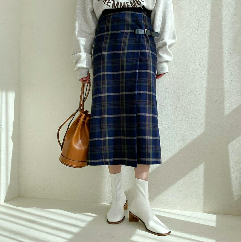 バックルラップチェックスカート・全2色・t64441 レディース【sk】【韓国 ファッション ボトムス スカート ロング丈 ロン