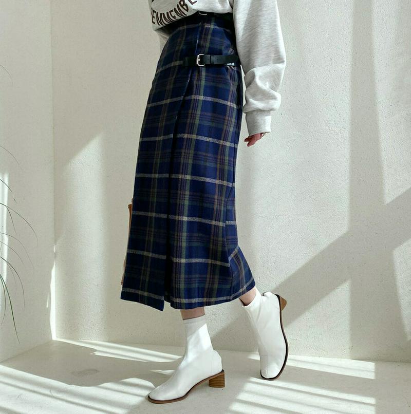 バックルラップチェックスカート・全2色・t64441 レディース【sk】【韓国 ファッション ボトムス スカート ロング丈 ロン