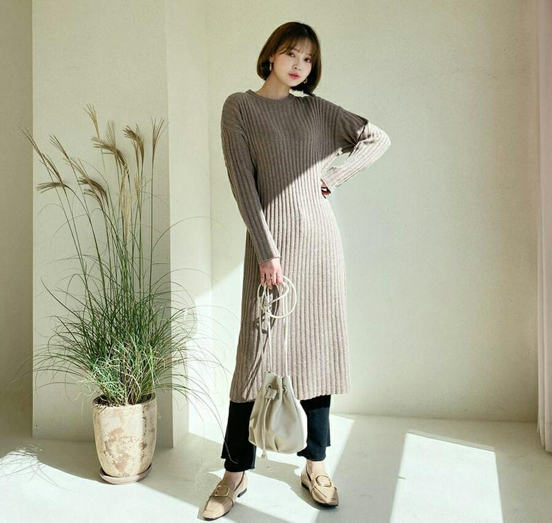 リブニットロングワンピース・全3色・t64461 レディース【ops】【韓国 ファッション ワンピース ロングワンピース 長袖 