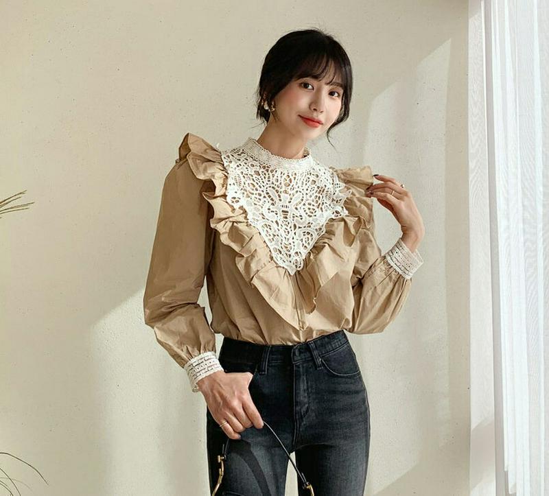 フリルレースブラウス・全2色・b64449 レディース【bl】【韓国 ファッション トップス ブラウス パフスリーブ 長袖 ロン