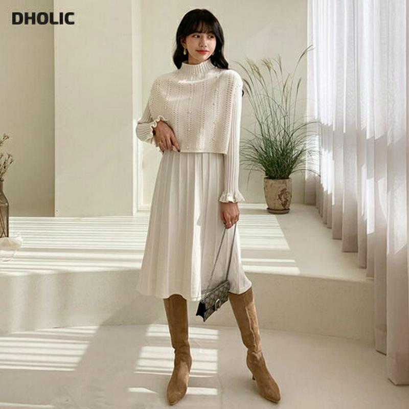 パールベスト&ニットワンピースSET・全2色・b64464 レディース【ops】【韓国 ファッション ワンピース ベスト セット セット商品 ハーフネック パンチング ニット ニットワンピース 長袖 ミディ丈 パール 上品 大人 フェミニン 秋 冬】