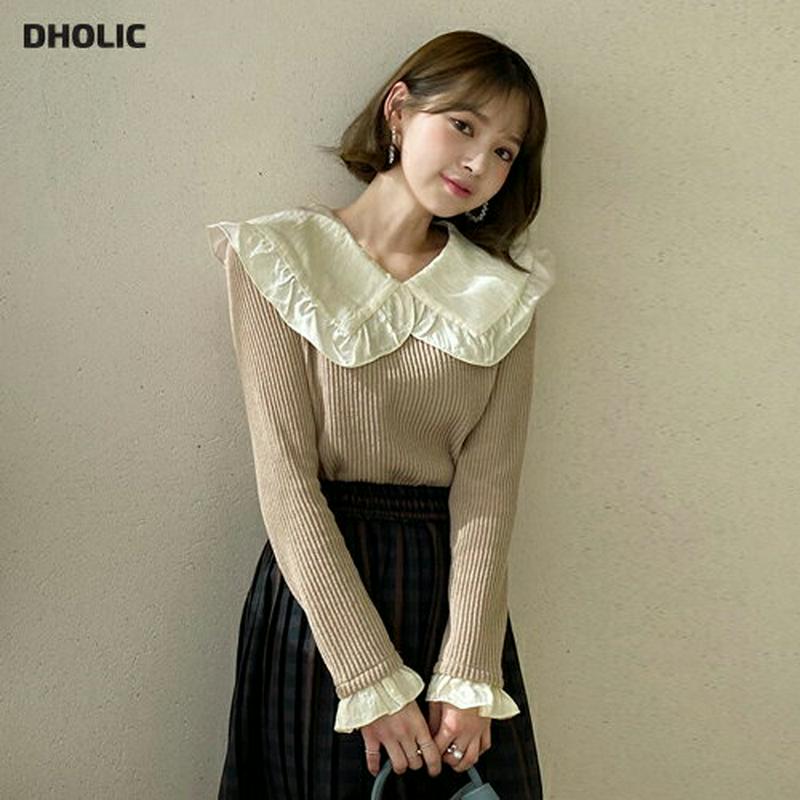 フリルカラーリブTシャツ・全3色・b64443 レディース【tops】【韓国 ファッション トップス Tシャツ ロングスリーブ 