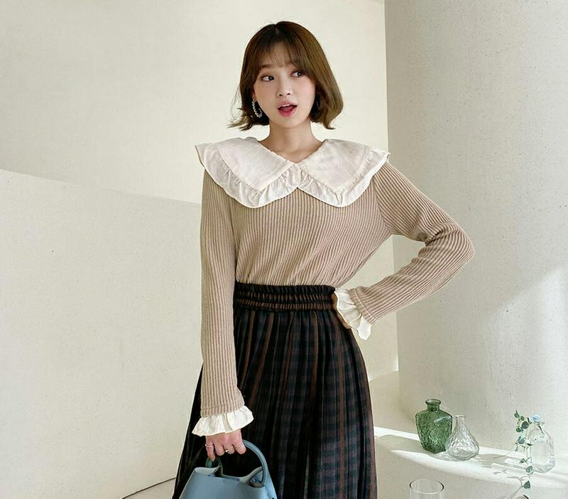フリルカラーリブTシャツ・全3色・b64443 レディース【tops】【韓国 ファッション トップス Tシャツ ロングスリーブ 
