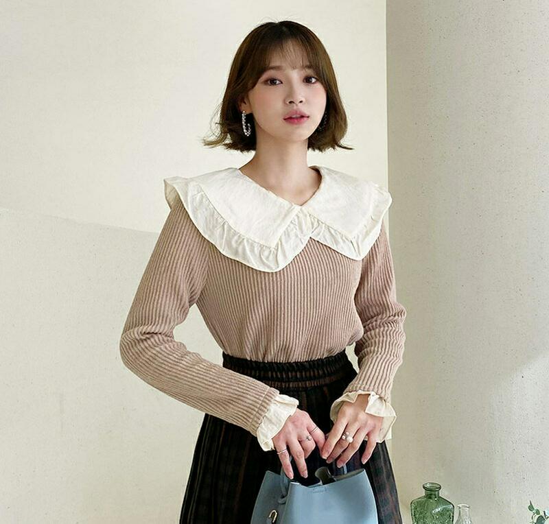 フリルカラーリブTシャツ・全3色・b64443 レディース【tops】【韓国 ファッション トップス Tシャツ ロングスリーブ 