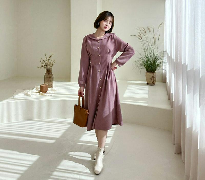 ゴールドボタンリボンワンピース・全3色・t64462 レディース【ops】【韓国 ファッション ワンピース ロングワンピース 長