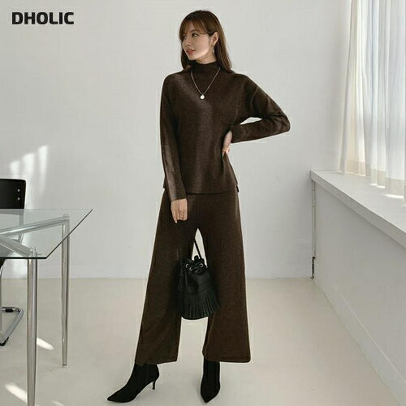 ハーフネックニット&パンツSET・全4色・t65099 レディース【pt】【セットアップ setup ニットアップ ニット トップス ハーフネック 長袖 パンツ ズボン アンバランス ワイド ワイドパンツ カジュアル 秋 冬 韓国 ファッション】【ハイホリHIHOLLI】