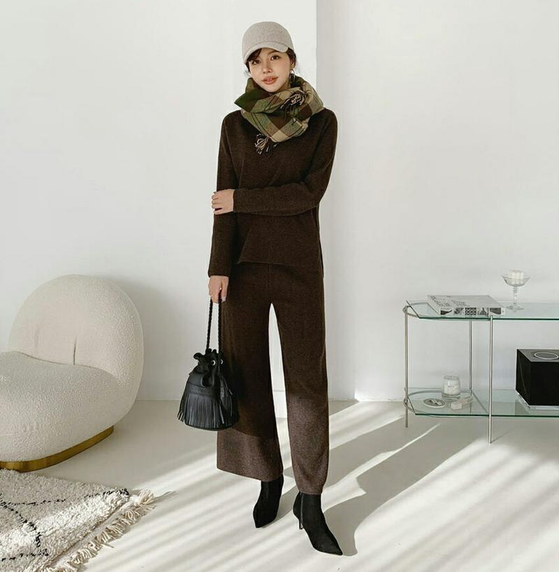 ハーフネックニット&パンツSET・全4色・t65099 レディース【pt】【セットアップ setup ニットアップ ニット トップス ハーフネック 長袖 パンツ ズボン アンバランス ワイド ワイドパンツ カジュアル 秋 冬 韓国 ファッション】【ハイホリHIHOLLI】