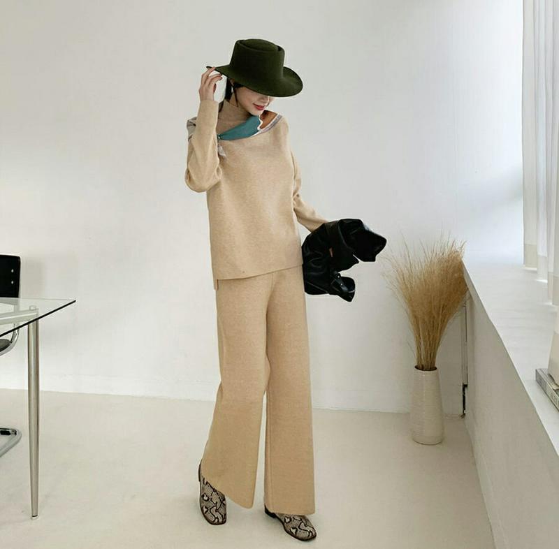 ハーフネックニット&パンツSET・全4色・t65099 レディース【pt】【セットアップ setup ニットアップ ニット トップス ハーフネック 長袖 パンツ ズボン アンバランス ワイド ワイドパンツ カジュアル 秋 冬 韓国 ファッション】【ハイホリHIHOLLI】