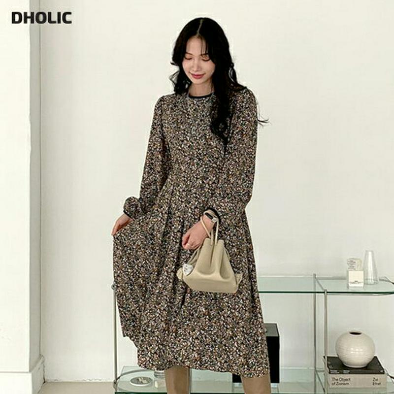 裏起毛フローラルワンピース・全2色・b65096 レディース【ops】【ワンピース 長袖 ミディ丈 ミディワンピース 花柄 フラワー 裏起毛 フェミニン 小花柄 可愛い かわいい 冬 韓国 ファッション】【ハイホリHIHOLLI】