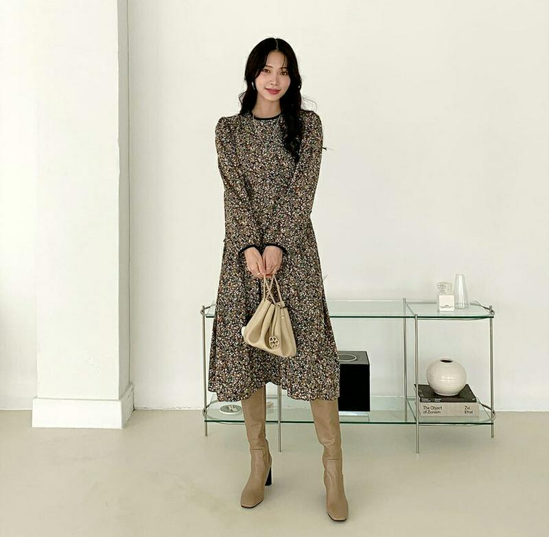 裏起毛フローラルワンピース・全2色・b65096 レディース【ops】【ワンピース 長袖 ミディ丈 ミディワンピース 花柄 フラワー 裏起毛 フェミニン 小花柄 可愛い かわいい 冬 韓国 ファッション】【ハイホリHIHOLLI】