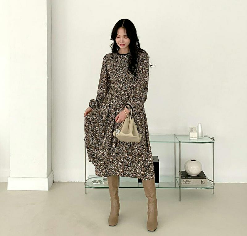 裏起毛フローラルワンピース・全2色・b65096 レディース【ops】【ワンピース 長袖 ミディ丈 ミディワンピース 花柄 フラワー 裏起毛 フェミニン 小花柄 可愛い かわいい 冬 韓国 ファッション】【ハイホリHIHOLLI】