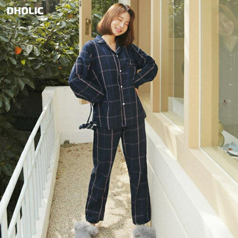 チェックパジャマSET・全2色・d44280 レディース【uw】 韓国 ファッション パジャマ ルームウェア セット 上下セット 長袖 シャツ パンツ ロング丈 ウエストゴム ワイド チェック柄 ポケット ゆったり 楽ちん 秋 冬