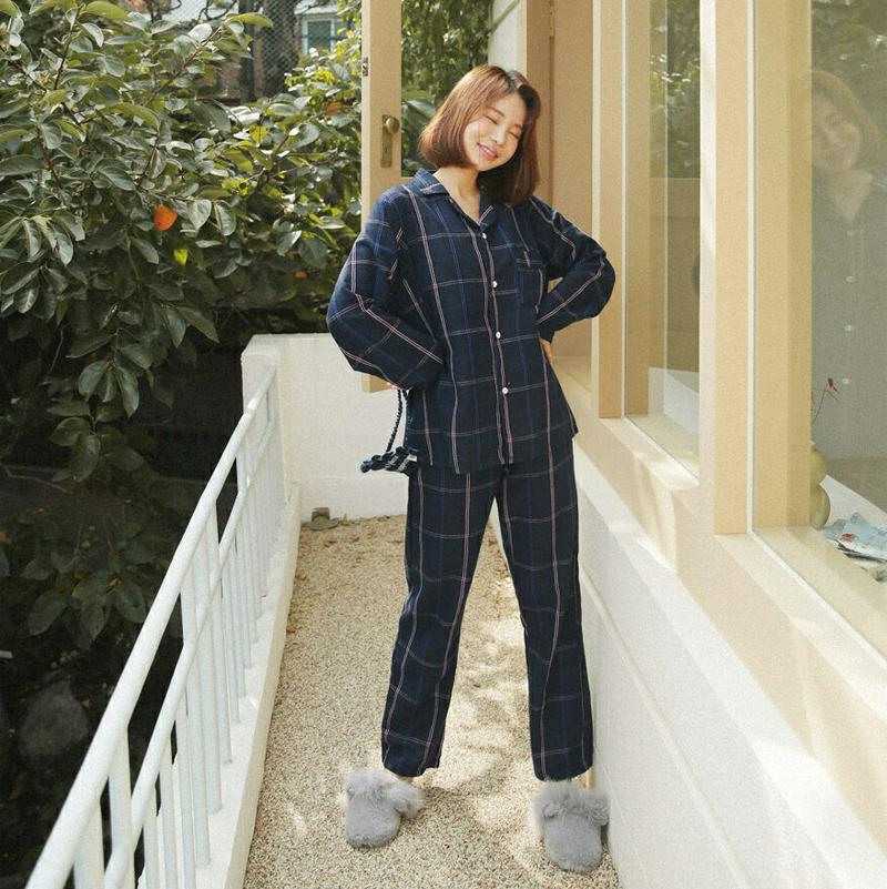 チェックパジャマSET・全2色・d44280 レディース【uw】 韓国 ファッション パジャマ ルームウェア セット 上下セット 長袖 シャツ パンツ ロング丈 ウエストゴム ワイド チェック柄 ポケット ゆったり 楽ちん 秋 冬