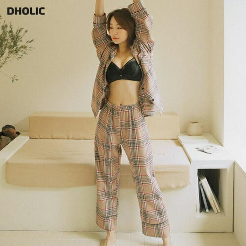 チェックポケットパジャマSET・全2色・d44279 レディース【uw】 韓国ファッション ランジェリー 下着 パジャマ ルームウェア セット 上下セット 長袖 シャツ パンツ ロング丈 ウエストゴム ワイド チェック柄 ポケット ゆったり 秋 冬