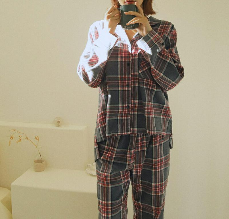 チェックポケットパジャマSET・全2色・d44279 レディース【uw】 韓国ファッション ランジェリー 下着 パジャマ ルームウェア セット 上下セット 長袖 シャツ パンツ ロング丈 ウエストゴム ワイド チェック柄 ポケット ゆったり 秋 冬