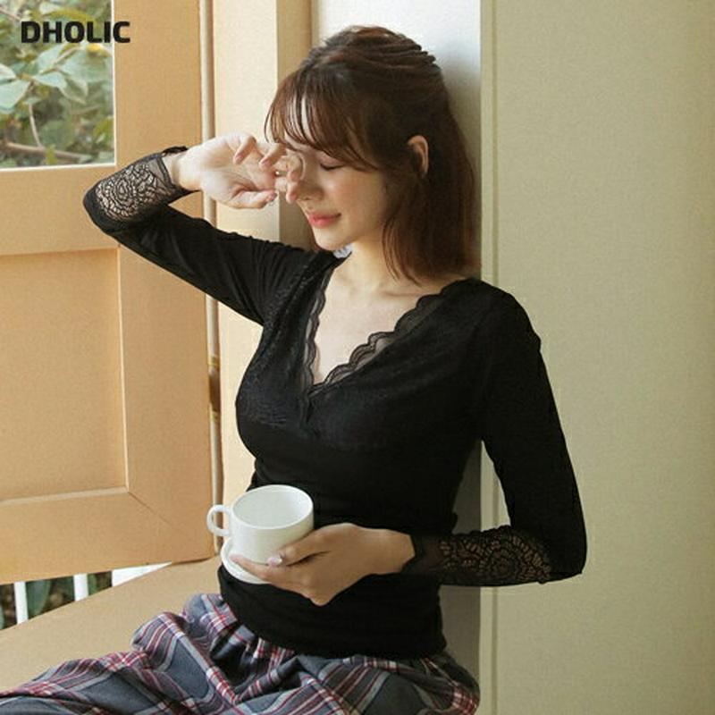 裏起毛レースポイントインナーTシャツ・全2色・e44276 レディース【uw】【韓国 ファッション インナー インナーウェア Tシャツ インナーTシャツ 長袖 ロングスリーブ Vネック 裏起毛 レース スリム 透け感 シアー 大人】