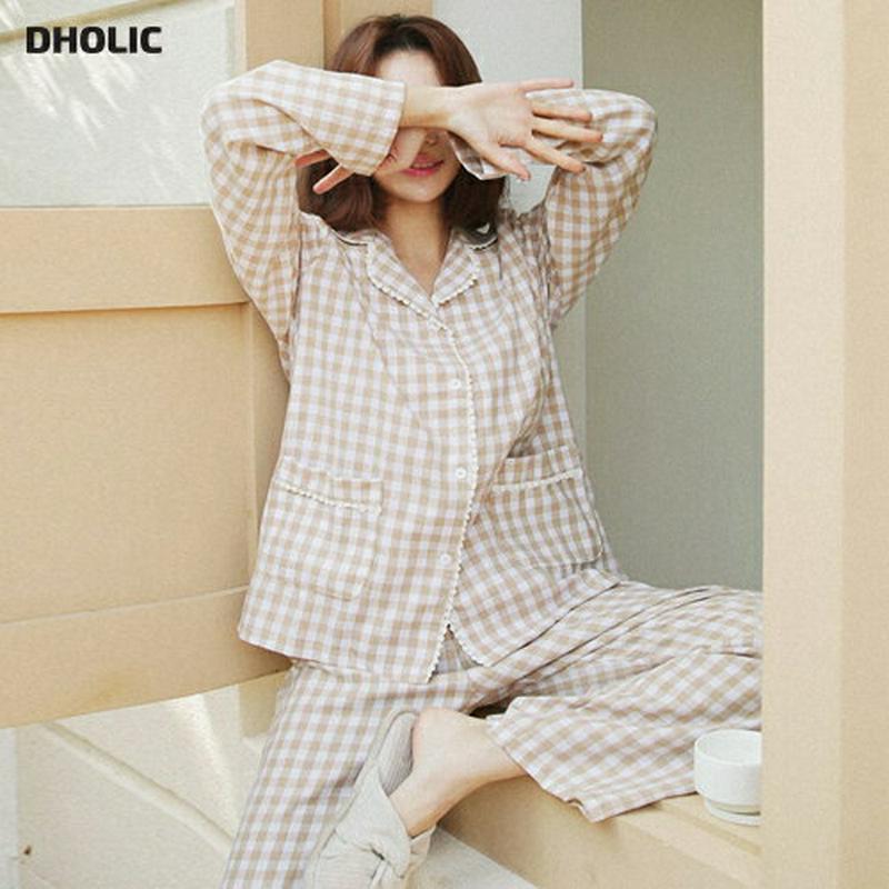 レースラインチェックパジャマ・全2色・d44281 レディース【uw】【韓国 ファッション パジャマ ルームウェア セット 上下セット 長袖 シャツ パンツ ロング丈 ウエストゴム ワイド レース チェック柄 ポケット ゆったり ガーリー 楽ちん 秋 冬】