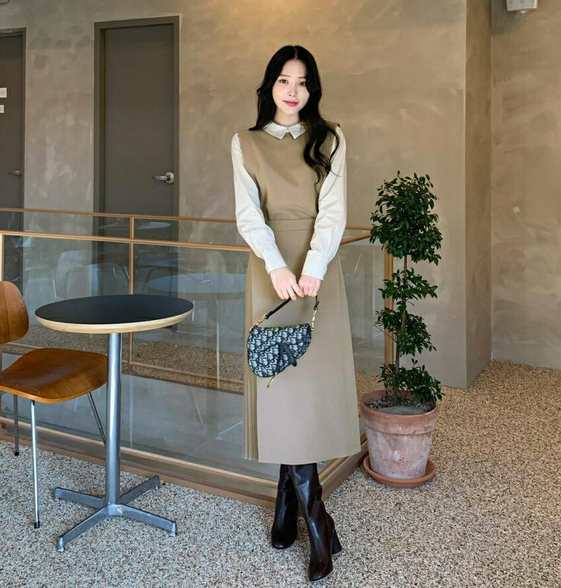 【送料無料】配色カラーブラウス&サイドプリーツスカートSET・全2色・b65097 レディース【ops】【セットアップ setup トップス ブラウス 長袖 スカート ロングスカート ロング プリーツ フェミニン 秋 冬 韓国 ファッション】【ハイホリHIHOLLI】