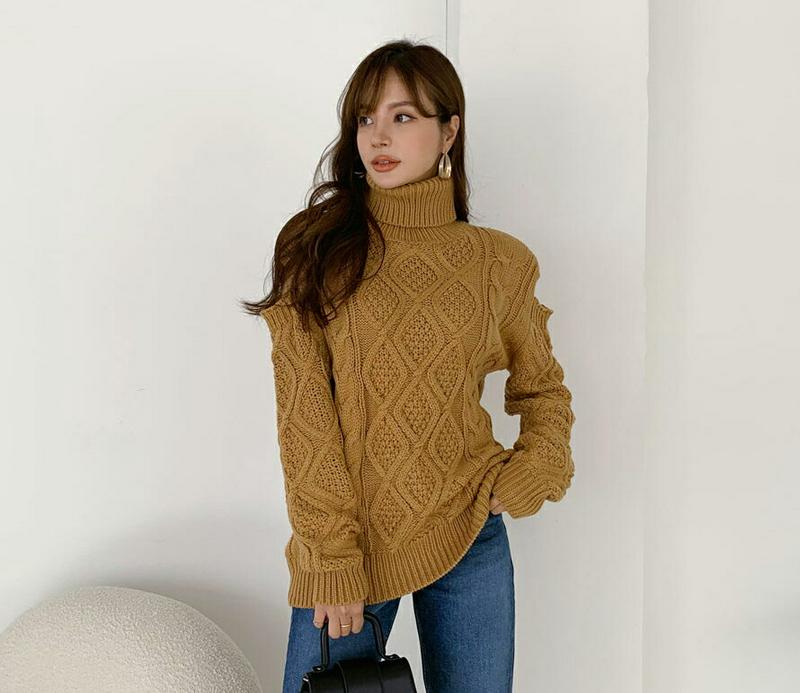 オフショルタートルニット・全3色・t65087 レディース 【tops】【韓国 ファッション トップス ニット ハイネック 長袖
