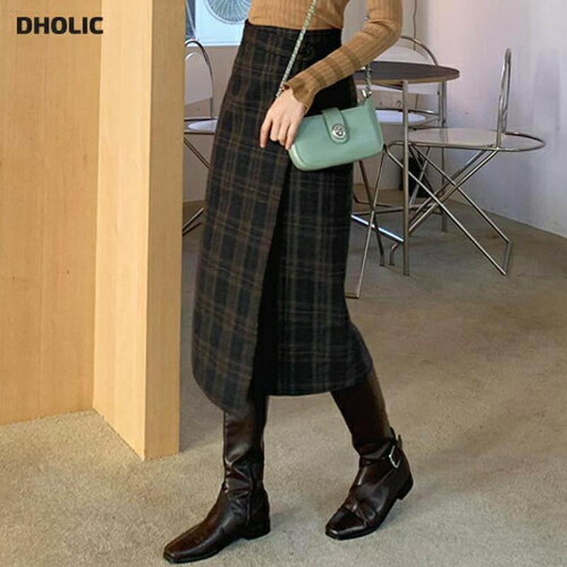 チェックボタンラップスカート・全2色・t61775 レディース【sk】【韓国 ファッション ボトムス スカート ロング丈 ロングスカート ラップスカート チェック柄 ボタン Hライン Hラインスカート バックゴム シンプル 大人 上品 秋 冬】