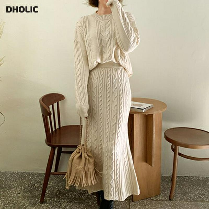 ≪人気商品再入荷≫ツイストニット&スカートSET・全2色・t61783 レディース【ops】 韓国ファッション セットアップ setup ニット ニットトップス 長袖 ラウンドネック スカート ロングスカート ニットスカート ウエストゴム フレア シンプル 秋 冬