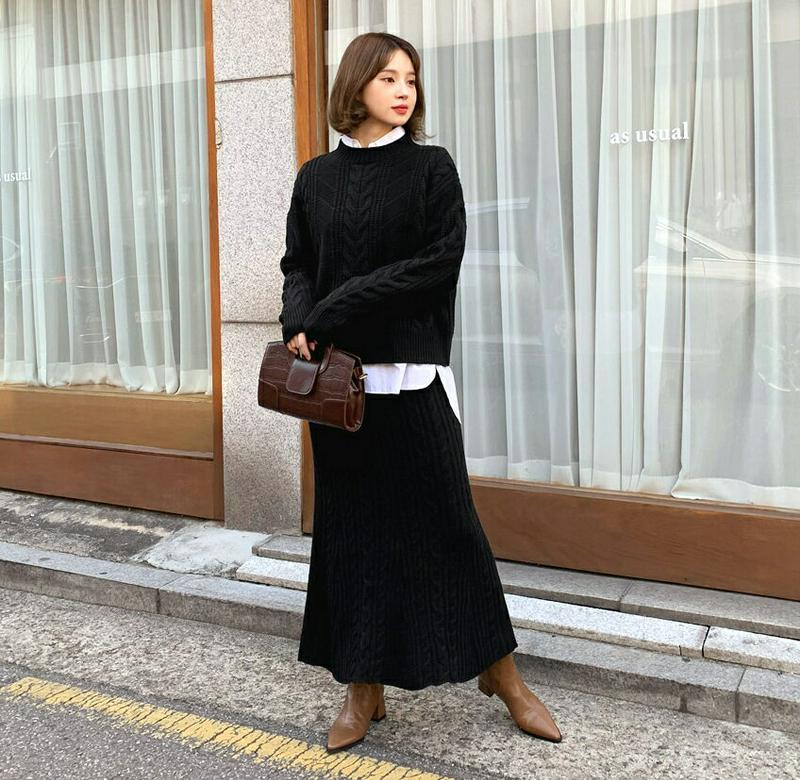 ≪人気商品再入荷≫ツイストニット&スカートSET・全2色・t61783 レディース【ops】 韓国ファッション セットアップ setup ニット ニットトップス 長袖 ラウンドネック スカート ロングスカート ニットスカート ウエストゴム フレア シンプル 秋 冬