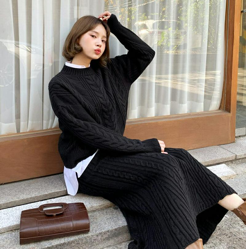 ≪人気商品再入荷≫ツイストニット&スカートSET・全2色・t61783 レディース【ops】 韓国ファッション セットアップ setup ニット ニットトップス 長袖 ラウンドネック スカート ロングスカート ニットスカート ウエストゴム フレア シンプル 秋 冬