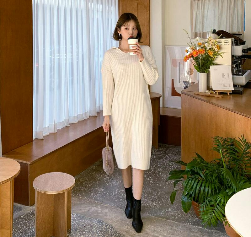 【新作10%OFF】フードリブニットワンピース・全4色・b61781 レディース【ops】【韓国 ファッション ワンピース ロン