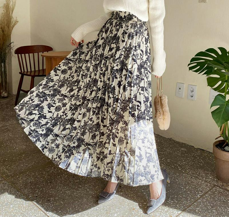 フローラルプリーツスカート・全2色・t61786 レディース【sk】【韓国 ファッション ボトムス スカート ロング丈 ロングスカート プリーツ プリーツスカート バックゴム 花柄 揺れ感 大人 上品 フェミニン 体型カバー 秋 冬】