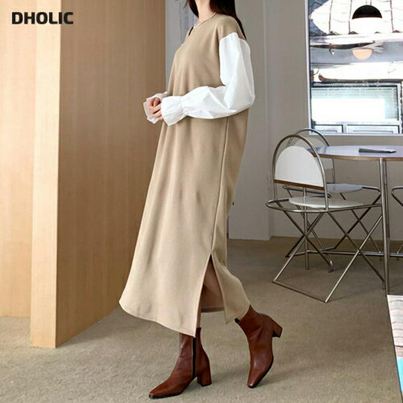 【新作10%OFF】裏起毛配色スリーブワンピース・全3色・b61769 レディース【ops】【韓国 ファッション ワンピース ロ