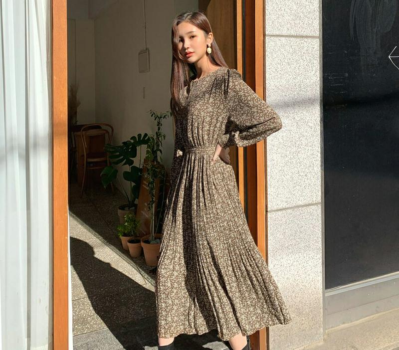 【新作10%OFF】ストラップ付花柄プリーツワンピース・全3色・61780 レディース【ops】【韓国 ファッション ワンピース