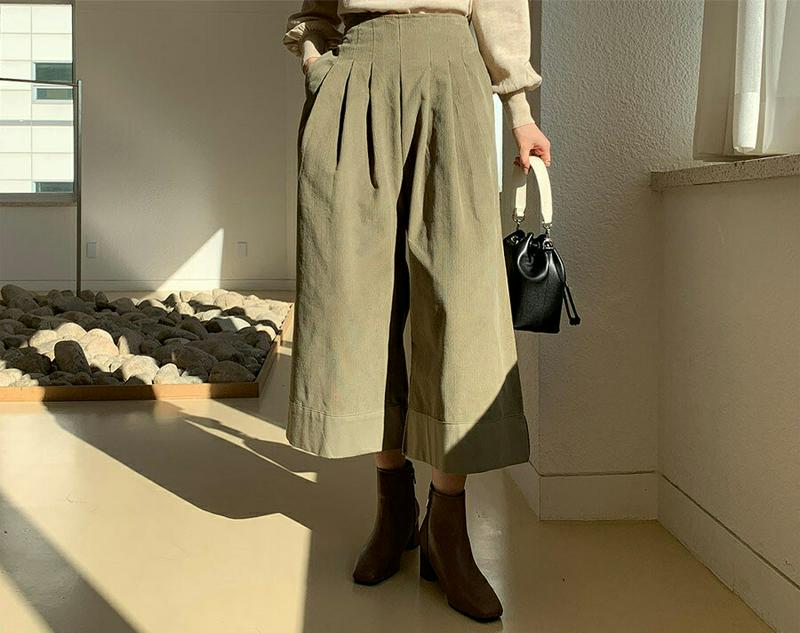 コーデュロイタックワイドパンツ・全4色・t65060 レディース【pt】【韓国 ファッション ボトムス ズボン パンツ ワイドパンツ ワイド クロップド タック コーデュロイ コントラスト シンプル 単色 無地 カジュアル ラフ 秋 冬】【ハイホリHIHOLLI】