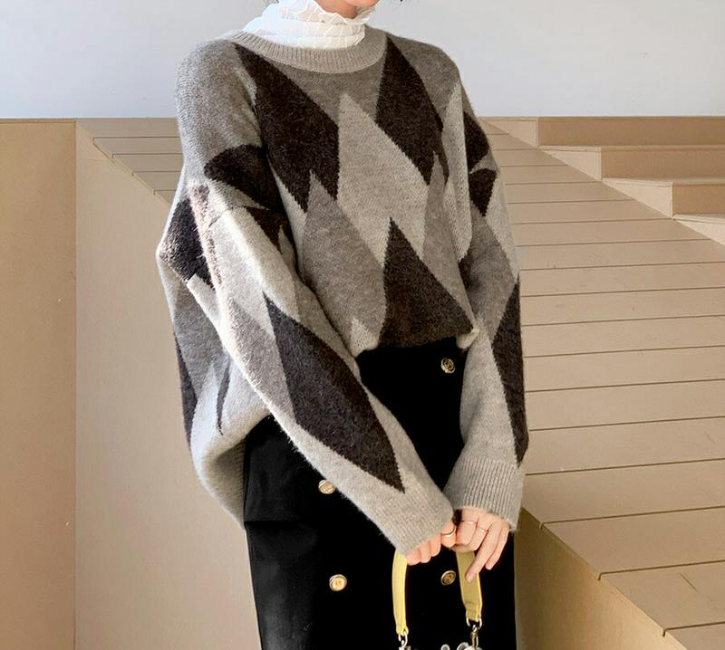 【新作10%OFF】ダイヤパターンニット・全2色・b65050 レディース【tops】【韓国 ファッション トップス ニット ニ