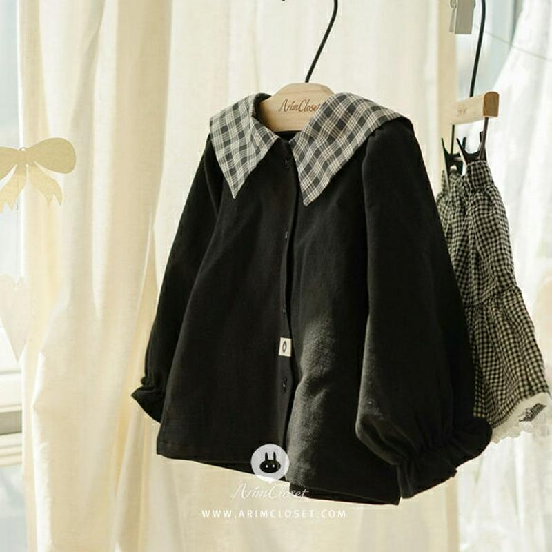 チェックカラーブラウス・p008607 キッズ【3~8才】【bl】【トップス ブラウス チェック柄 襟コンシャス 長袖 シンプル 可愛い かわいい セーラーカラー 女の子 春 秋 韓国 韓国子供服 子供 こども 子供服 こども服】【KIDS】